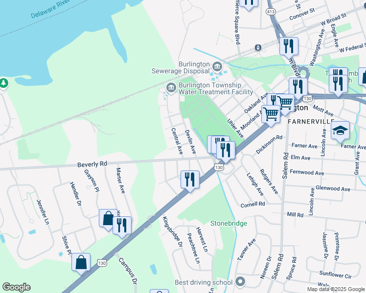 map of restaurants, bars, coffee shops, grocery stores, and more near 10 Central Avenue in Burlington