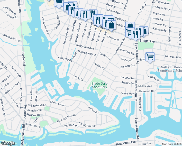 map of restaurants, bars, coffee shops, grocery stores, and more near 1600 Cherry Blossom Lane in Point Pleasant