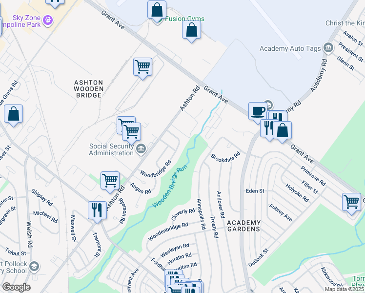 map of restaurants, bars, coffee shops, grocery stores, and more near 9491 Woodbridge Road in Philadelphia
