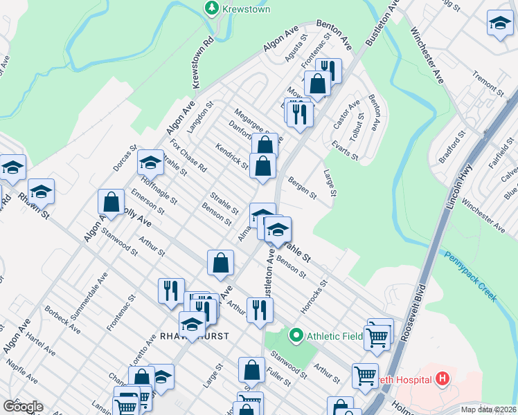 map of restaurants, bars, coffee shops, grocery stores, and more near 8332 Bustleton Avenue in Philadelphia