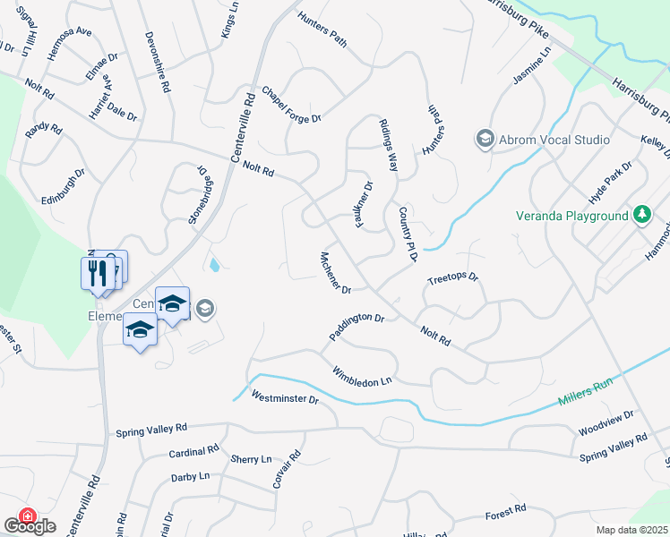map of restaurants, bars, coffee shops, grocery stores, and more near 2839 Michener Drive in Lancaster