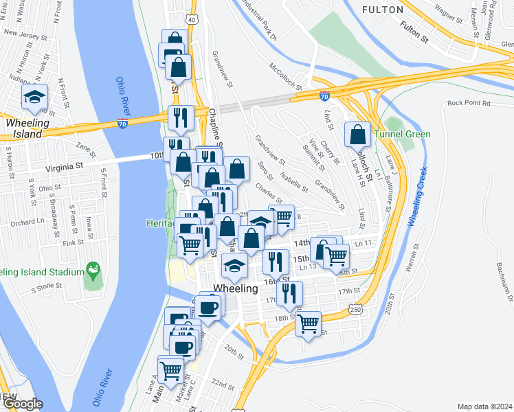 map of restaurants, bars, coffee shops, grocery stores, and more near 93 12th Street in Wheeling