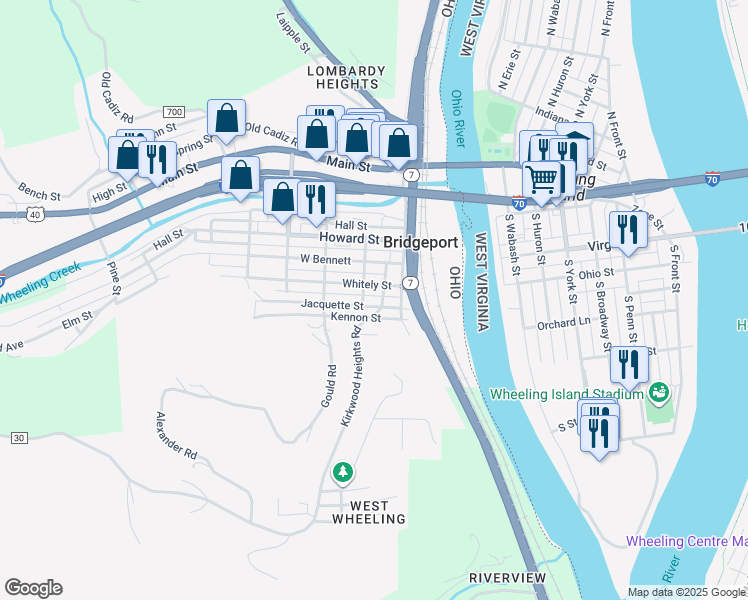 map of restaurants, bars, coffee shops, grocery stores, and more near 1 2 Whitely Street in Bridgeport