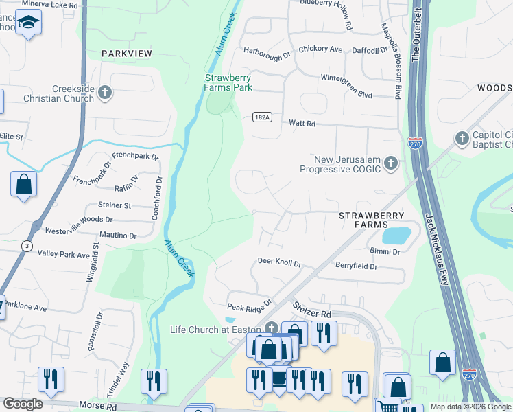 map of restaurants, bars, coffee shops, grocery stores, and more near 3790 Mount Hood Court in Columbus