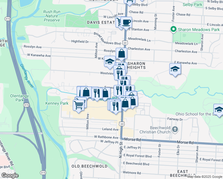 map of restaurants, bars, coffee shops, grocery stores, and more near 5155 North High Street in Columbus