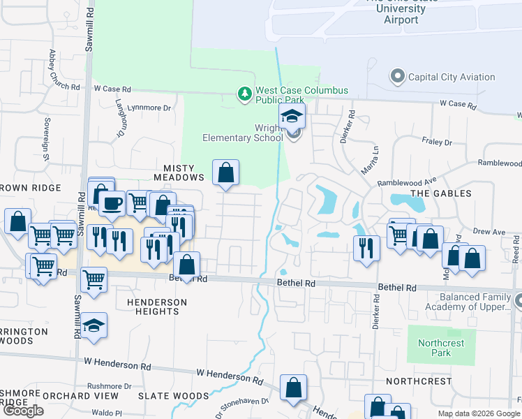 map of restaurants, bars, coffee shops, grocery stores, and more near 5464 Ambrosia Avenue in Columbus