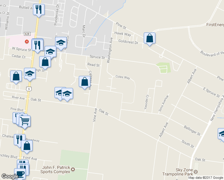 map of restaurants, bars, coffee shops, grocery stores, and more near 21 Coles Way in Lakewood