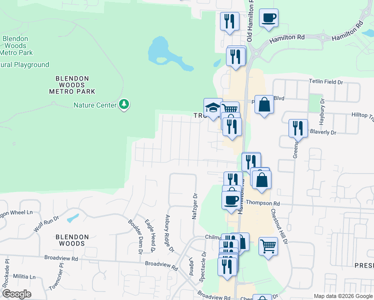 map of restaurants, bars, coffee shops, grocery stores, and more near 5797 Blendon Place Drive in Columbus