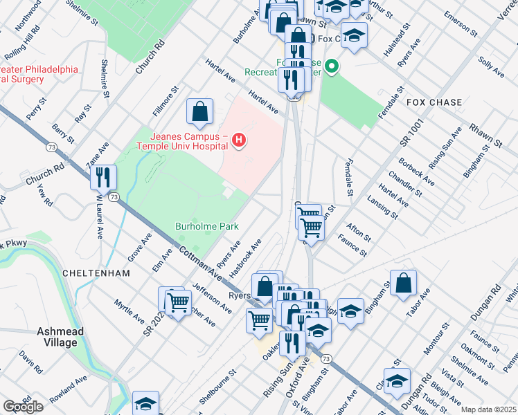 map of restaurants, bars, coffee shops, grocery stores, and more near 7362 Ryers Avenue in Philadelphia