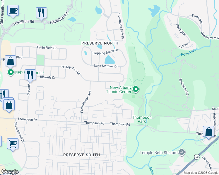 map of restaurants, bars, coffee shops, grocery stores, and more near 6438 Ellis Nook Dr in New Albany
