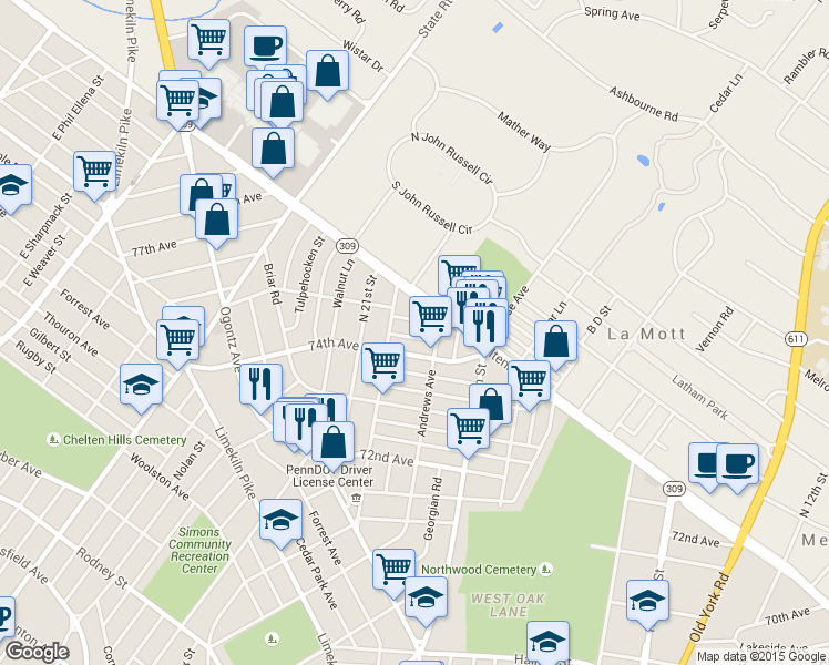 map of restaurants, bars, coffee shops, grocery stores, and more near 1973 Sterling Street in Philadelphia