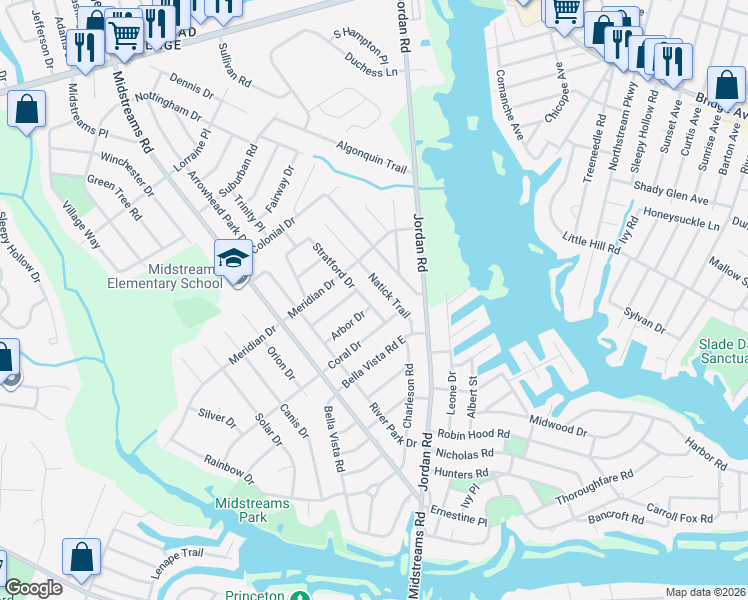 map of restaurants, bars, coffee shops, grocery stores, and more near 142 Natick Trail in Brick Township