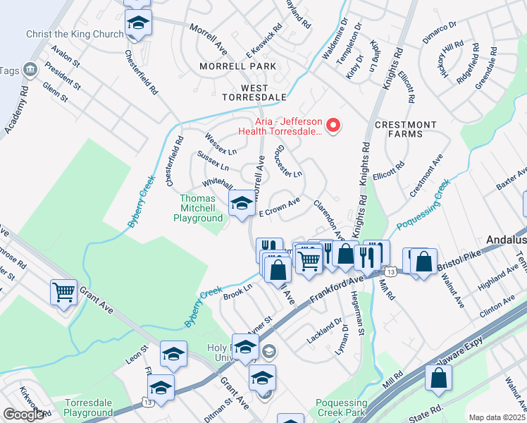 map of restaurants, bars, coffee shops, grocery stores, and more near 3676 Essex Lane in Philadelphia