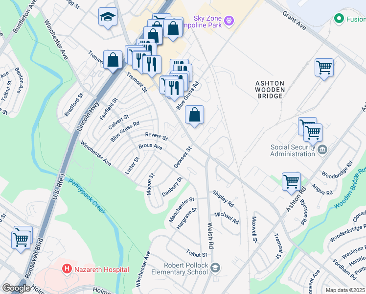map of restaurants, bars, coffee shops, grocery stores, and more near 9058 Revere Street in Philadelphia