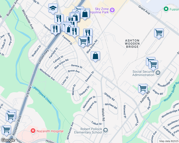 map of restaurants, bars, coffee shops, grocery stores, and more near 9058 Revere Street in Philadelphia