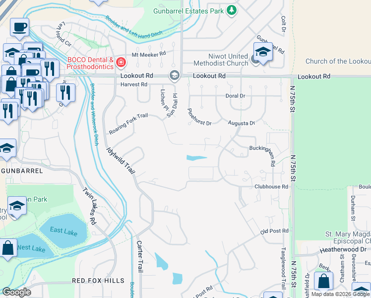 map of restaurants, bars, coffee shops, grocery stores, and more near 7126 Four Rivers Road in Boulder