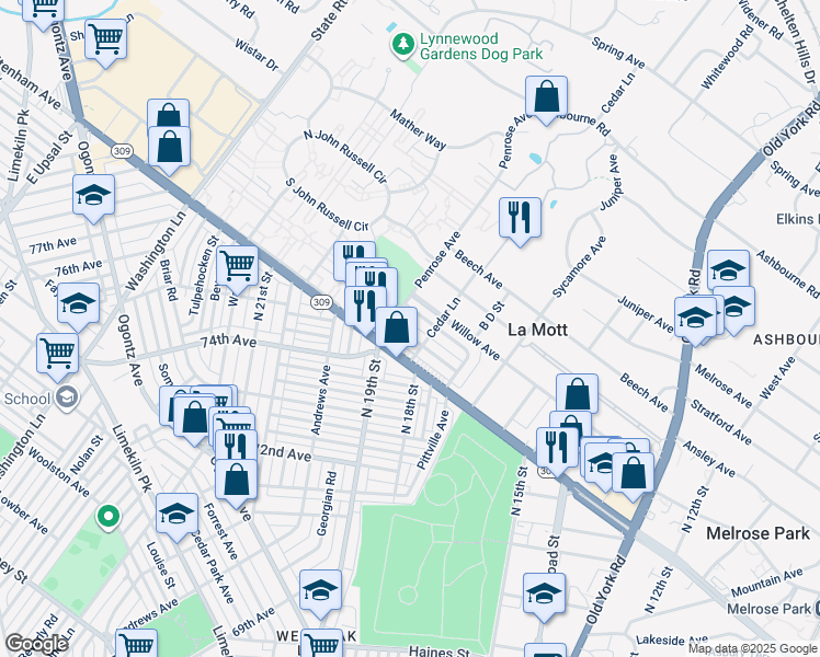 map of restaurants, bars, coffee shops, grocery stores, and more near 1817 Chelsea Road in Elkins Park