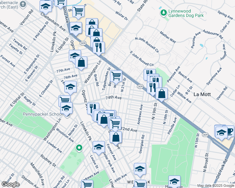 map of restaurants, bars, coffee shops, grocery stores, and more near 7419 Walnut Ln in Philadelphia