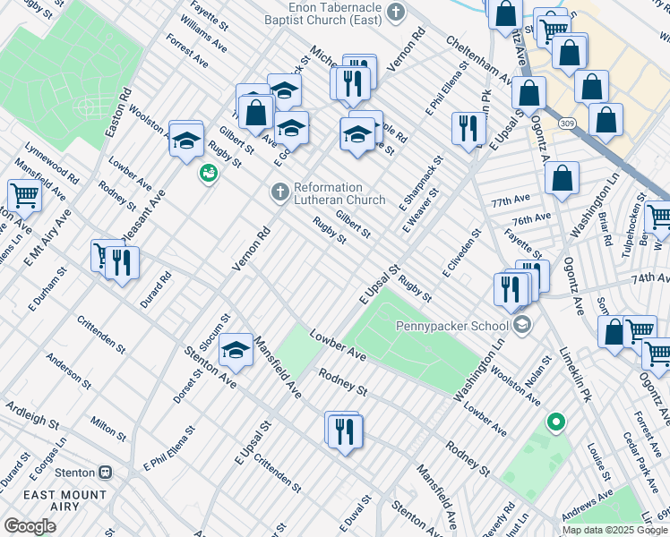 map of restaurants, bars, coffee shops, grocery stores, and more near 7824 Woolston Avenue in Philadelphia