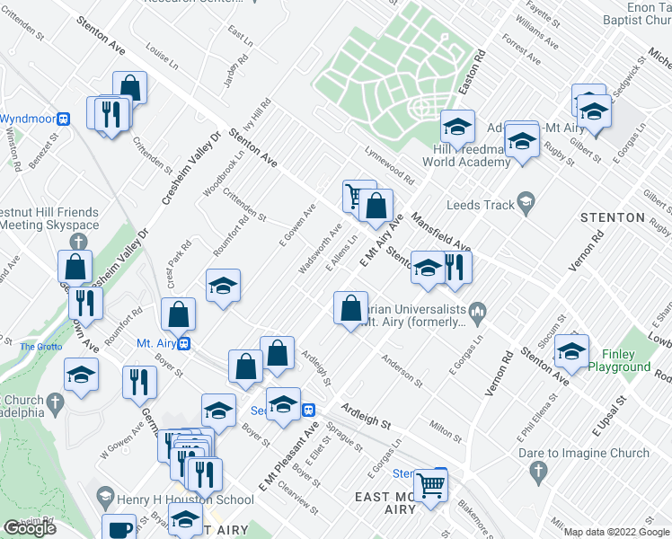 map of restaurants, bars, coffee shops, grocery stores, and more near 530 East Allens Lane in Philadelphia