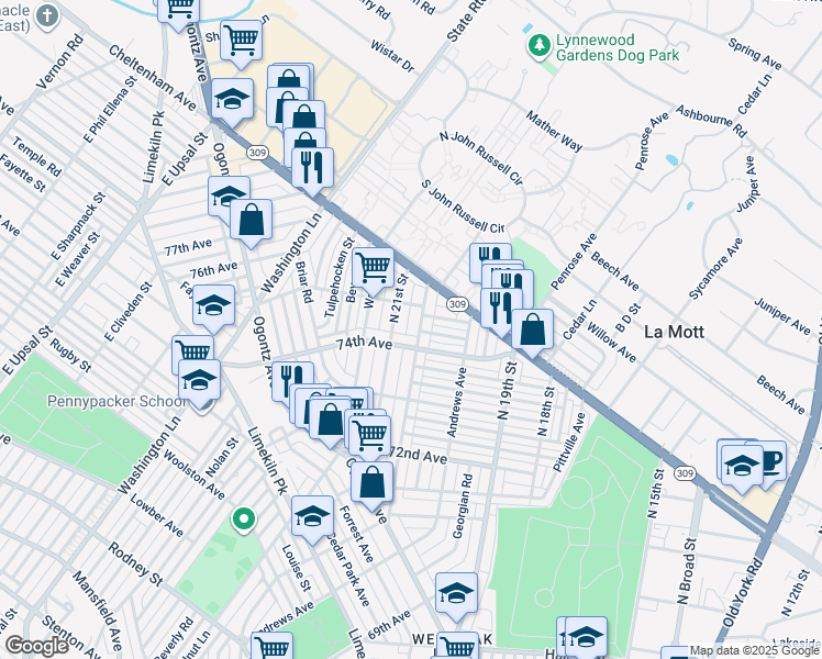 map of restaurants, bars, coffee shops, grocery stores, and more near 7420 North 20th Street in Philadelphia