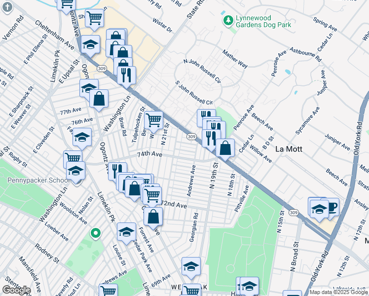 map of restaurants, bars, coffee shops, grocery stores, and more near 1977 Sterling Street in Philadelphia