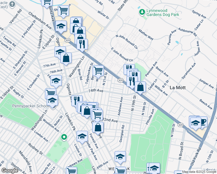 map of restaurants, bars, coffee shops, grocery stores, and more near 7420 North 20th Street in Philadelphia