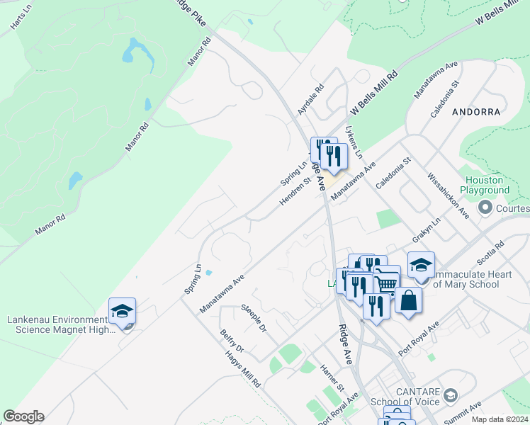 map of restaurants, bars, coffee shops, grocery stores, and more near 645 Hendren Street in Philadelphia