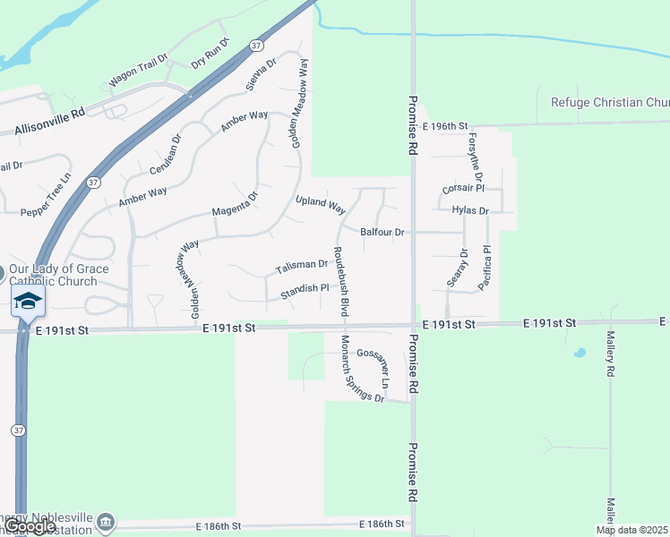 map of restaurants, bars, coffee shops, grocery stores, and more near 19243 Roudebush Boulevard in Noblesville