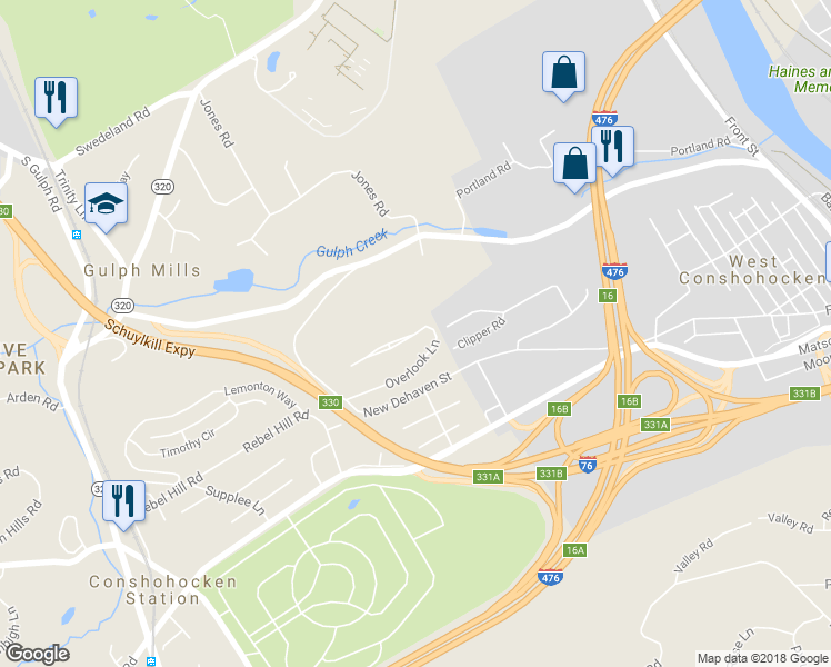 map of restaurants, bars, coffee shops, grocery stores, and more near 377 Overlook Lane in Conshohocken