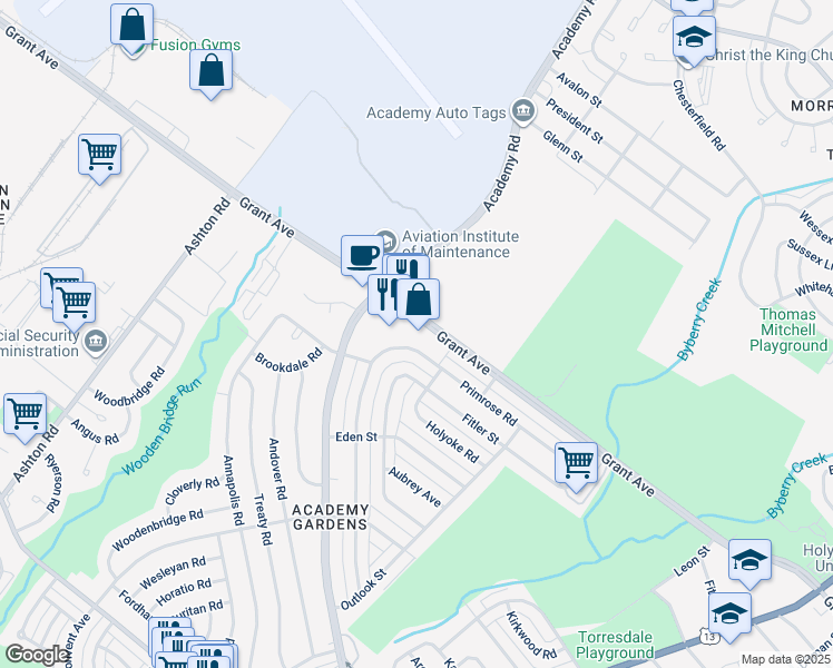 map of restaurants, bars, coffee shops, grocery stores, and more near 3342 Grant Avenue in Philadelphia