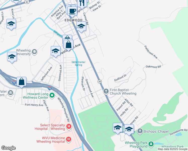 map of restaurants, bars, coffee shops, grocery stores, and more near 1376 National Rd in Wheeling