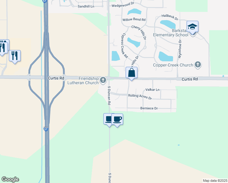 map of restaurants, bars, coffee shops, grocery stores, and more near 2906 Rolling Acres Drive in Champaign