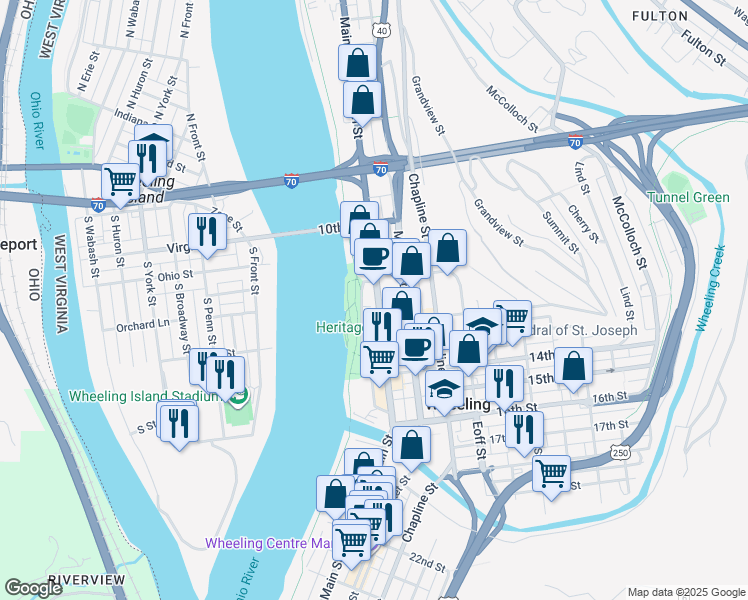 map of restaurants, bars, coffee shops, grocery stores, and more near 1121 Main Street in Wheeling