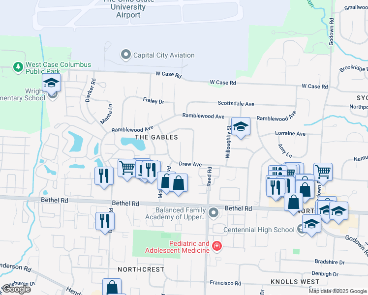 map of restaurants, bars, coffee shops, grocery stores, and more near 5468 Tinsbury Court in Columbus