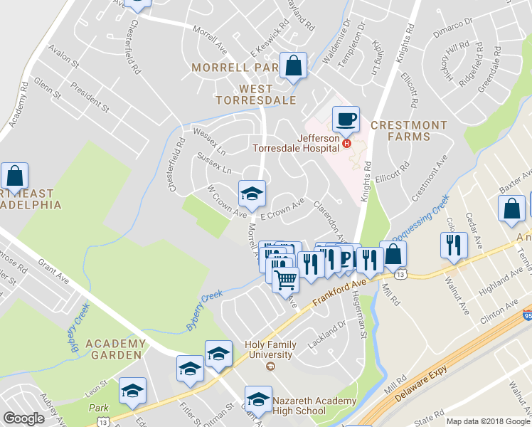 map of restaurants, bars, coffee shops, grocery stores, and more near 3676 Essex Lane in Philadelphia