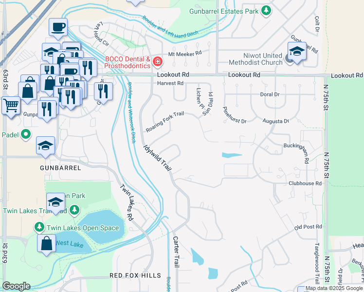 map of restaurants, bars, coffee shops, grocery stores, and more near 5074 Cottonwood Drive in Boulder