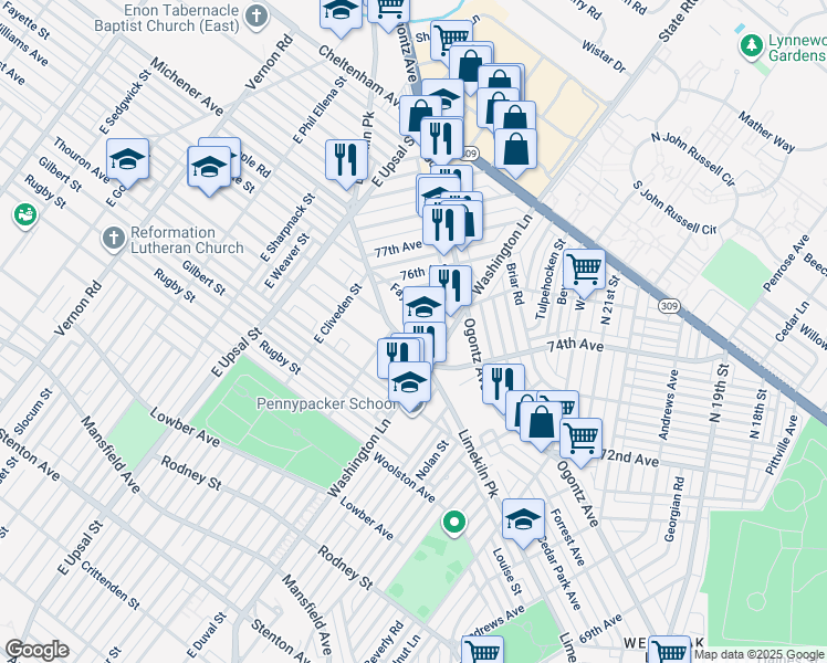 map of restaurants, bars, coffee shops, grocery stores, and more near 7437 Limekiln Pike in Philadelphia