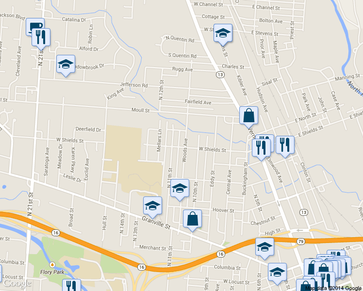 map of restaurants, bars, coffee shops, grocery stores, and more near 389 Woods Avenue in Newark
