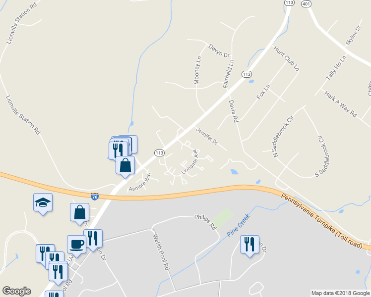 map of restaurants, bars, coffee shops, grocery stores, and more near 5302 Lister Court in Chester Springs