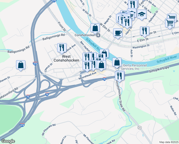 map of restaurants, bars, coffee shops, grocery stores, and more near 128 Moorehead Avenue in Conshohocken
