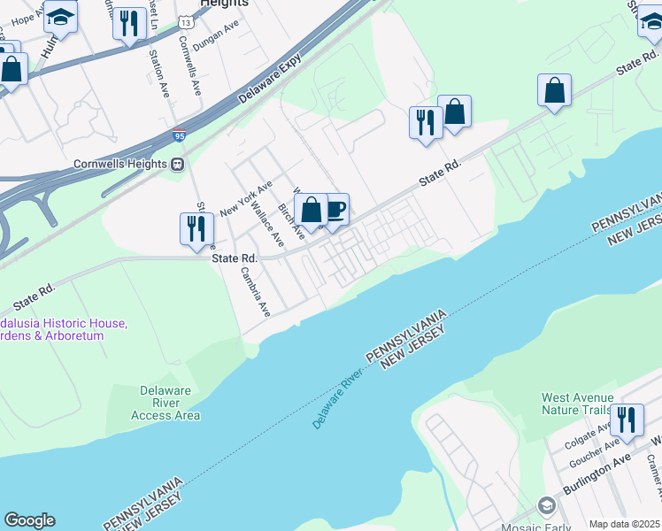map of restaurants, bars, coffee shops, grocery stores, and more near 121B Hagen Drive in Bensalem