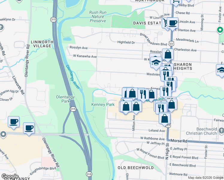 map of restaurants, bars, coffee shops, grocery stores, and more near 301 Fenway Road in Columbus