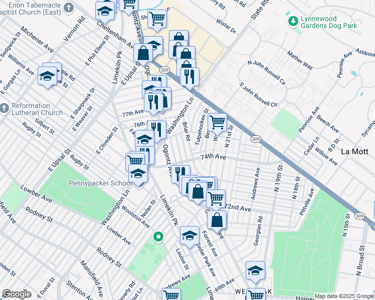 map of restaurants, bars, coffee shops, grocery stores, and more near 7426 Briar Road in Philadelphia