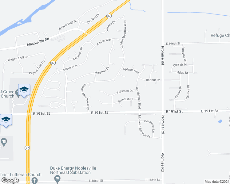 map of restaurants, bars, coffee shops, grocery stores, and more near 10698 Talisman Drive in Noblesville
