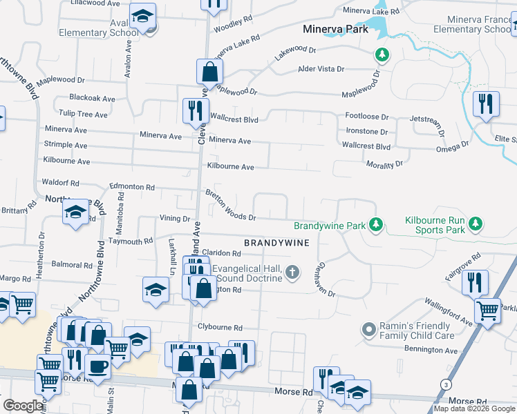 map of restaurants, bars, coffee shops, grocery stores, and more near 4780 Echomoore Drive in Columbus