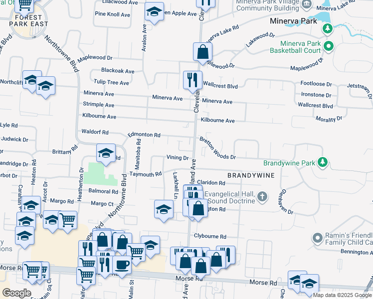 map of restaurants, bars, coffee shops, grocery stores, and more near 2440 Ottawa Drive in Columbus