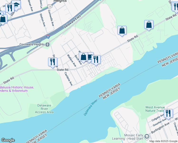 map of restaurants, bars, coffee shops, grocery stores, and more near 121B Hagen Drive in Bensalem