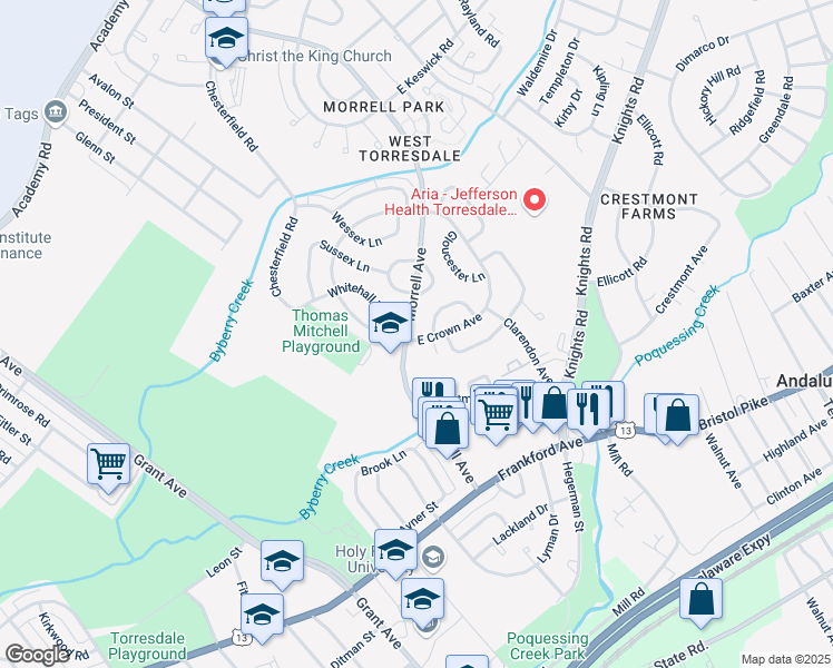 map of restaurants, bars, coffee shops, grocery stores, and more near 3689 Morrell Avenue in Philadelphia