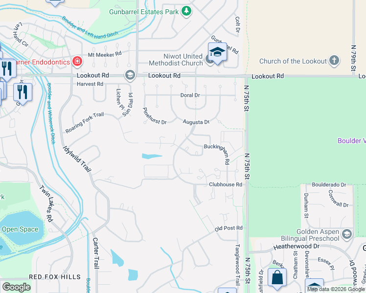 map of restaurants, bars, coffee shops, grocery stores, and more near 7300 Windsor Drive in Boulder